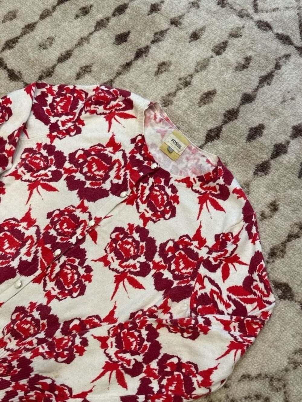 Fossil Red Floral Rose Print Button Front Cardigan Sweater Size L